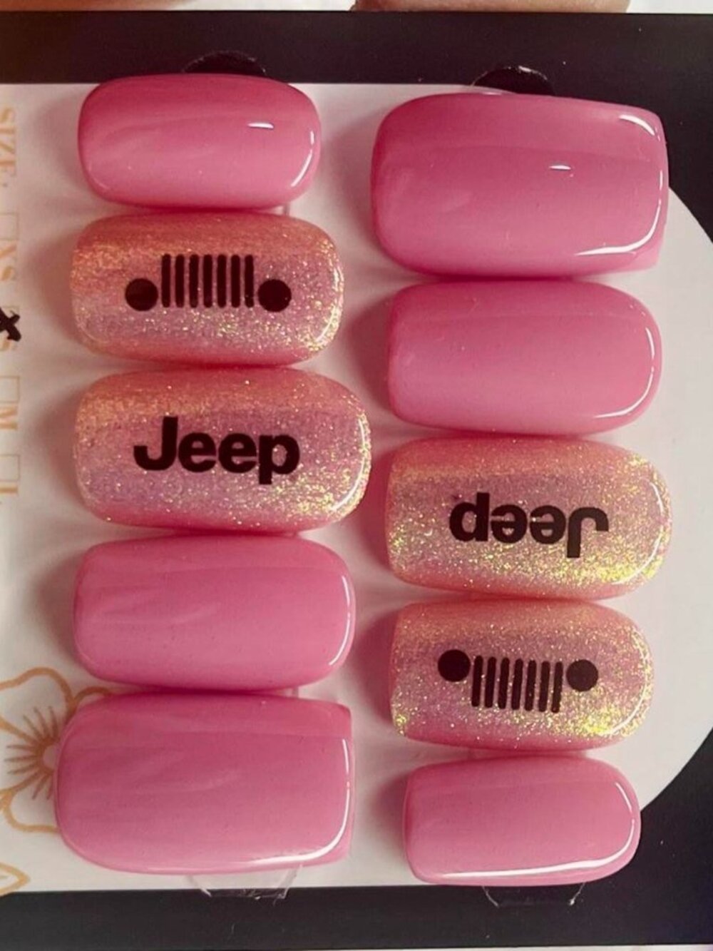 Size Small Handmade Press On Nails, Pink with Iridescent Glitter and Jeep Decals